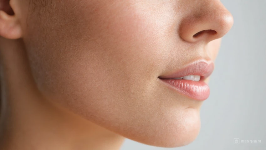 Close-up van een vrouw haar kin met gezonde, gehydrateerde huid.