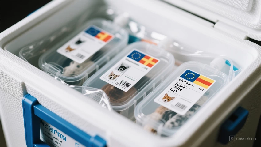 Afgesloten steriele containers met gelabelde dieridentificatie in koelbox.