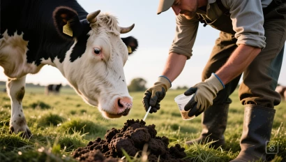 Boer neemt mestmonster af van koe in de wei.