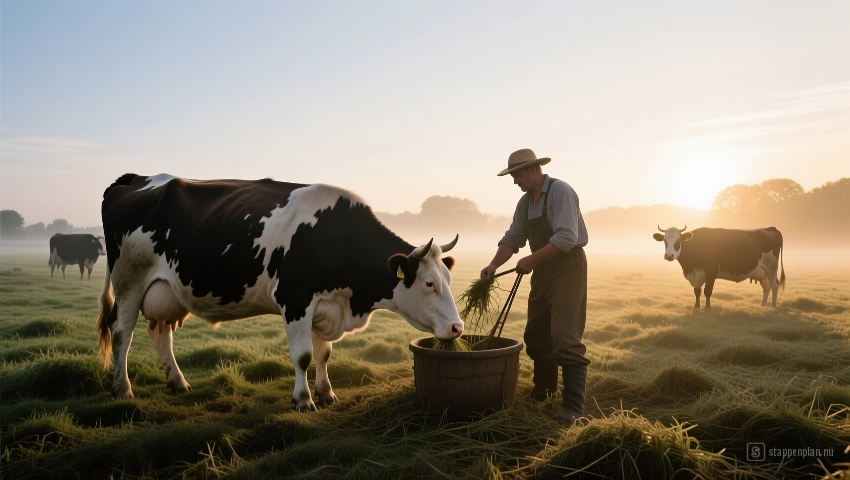 Boer voert koeien vroeg in de ochtend