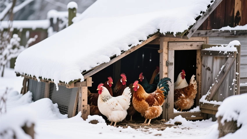 Een met sneeuw bedekt kippenhok met kippen die dicht bij elkaar staan voor de warmte.