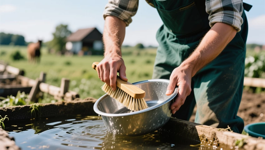 Een boer maakt een waterbak schoon met een borstel.