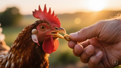 Kippensnavel neemt traktatie aan van boer.