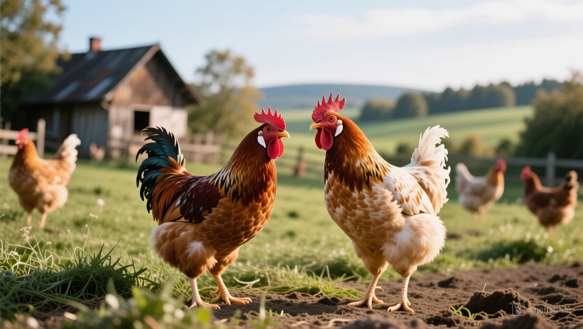 Vreedzame boerderijscene met een kip.