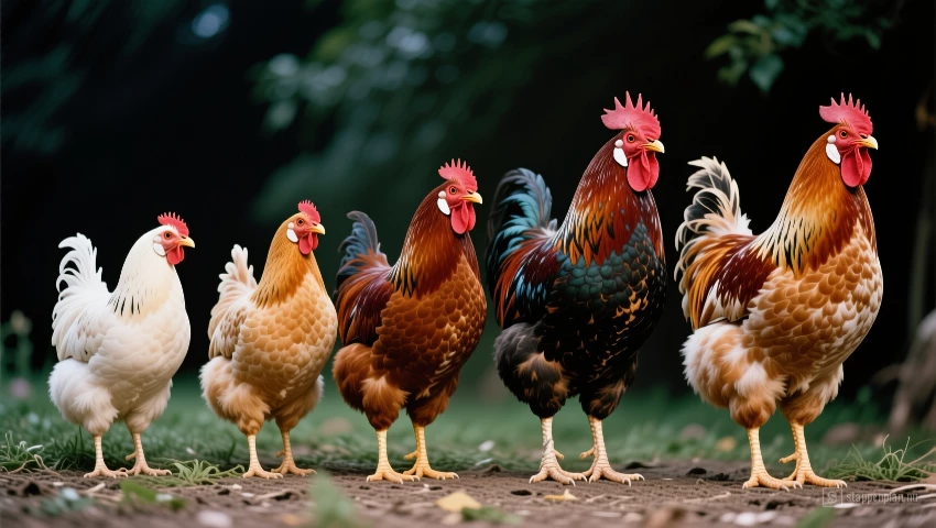 Verschillende kippenrassen naast elkaar
