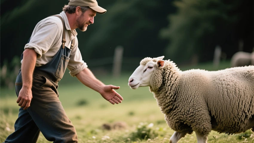 Boer benadert schaap rustig van opzij.