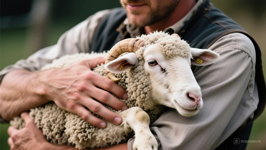 Boer houdt schaap dicht tegen het lichaam.
