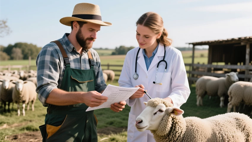 Boer en dierenarts bespreken gezondheidsplan