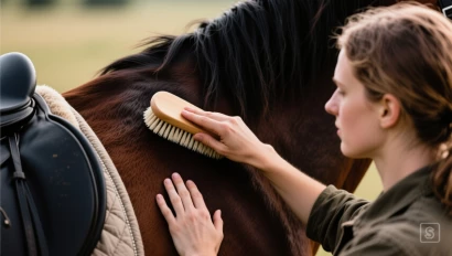 Persoon borstelt paard met zachte borstel.