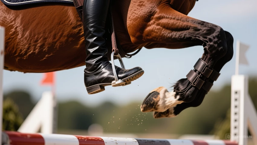 Dichtbij portret van de been van een ruiter tijdens het springen.