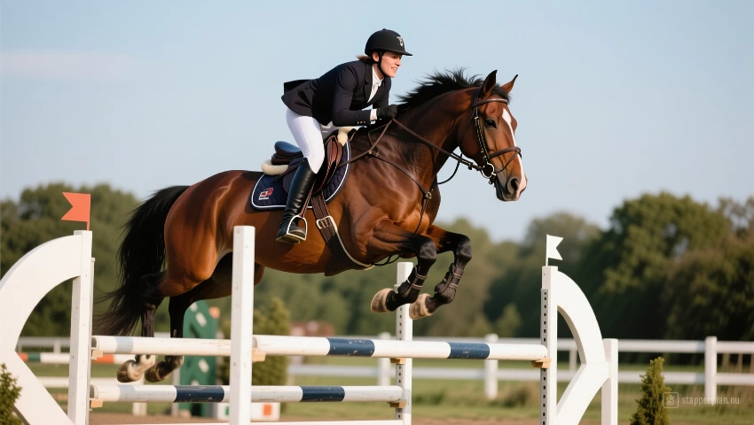 Paard en ruiter springen over een iets hogere sprong.