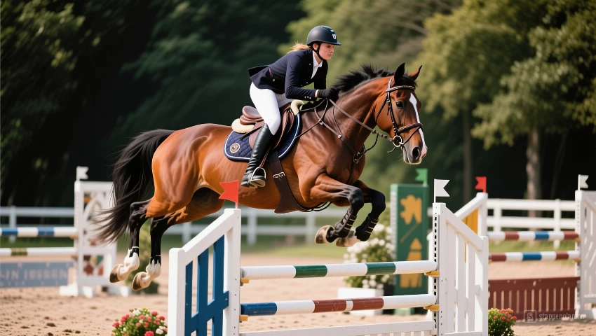 Paard springt zelfverzekerd over verschillende sprongen.