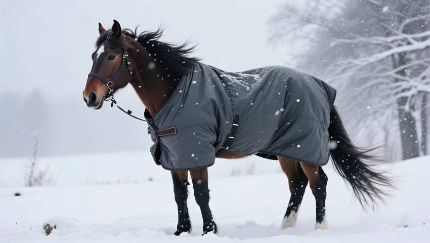 Een paard met een zware, waterdichte deken in een sneeuwstorm.