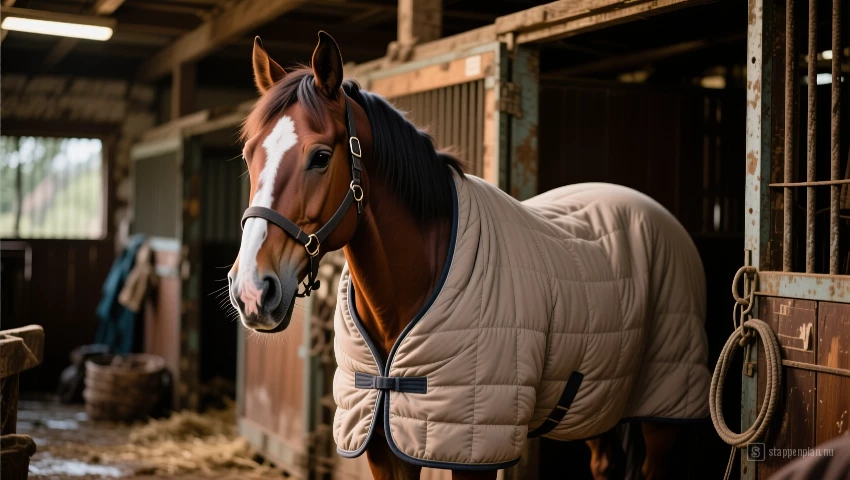 Een paard met een medium deken in de stal.