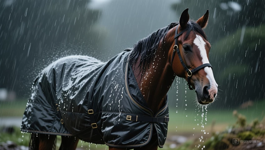 Een paard met een waterdichte deken in de regen.