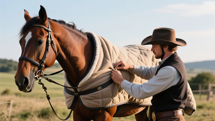 Iemand controleert de pasvorm van een deken op een paard.