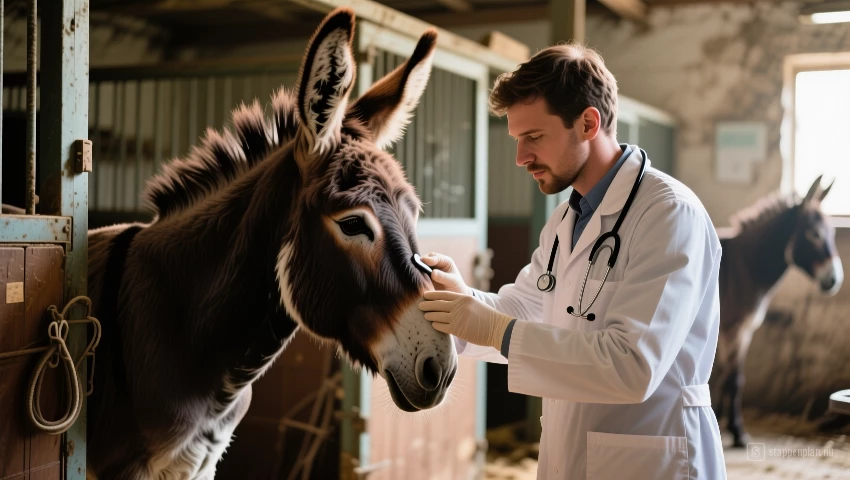 Dierenarts onderzoekt ezel in stal
