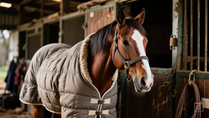 Een paard met een onderdeken in de stal.