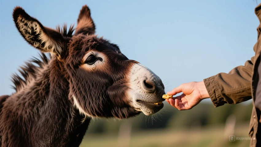Ezel accepteert kalm een traktatie van de hand van een persoon