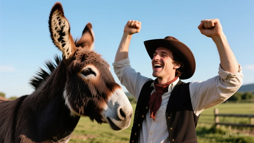 Persoon viert kleine succes met ezel