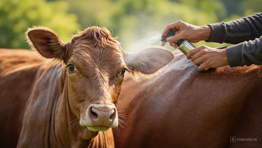 Vliegwerend middel wordt op de vacht van de koe gespoten.