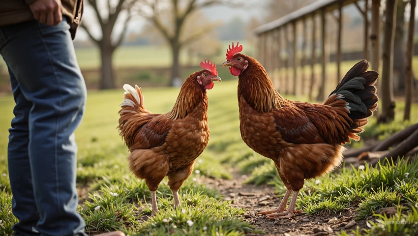 Vreedzame boerderijscene met een persoon en een kip.