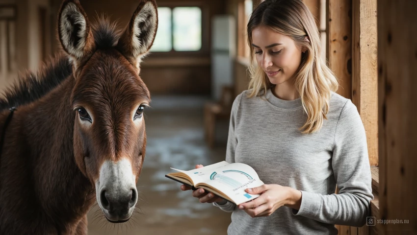 Persoon bekijkt logboek met gedrag en vooruitgang van ezel