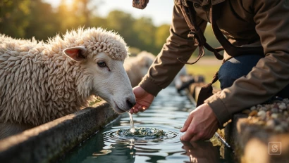 Herder controleert de helderheid van het drinkwater.