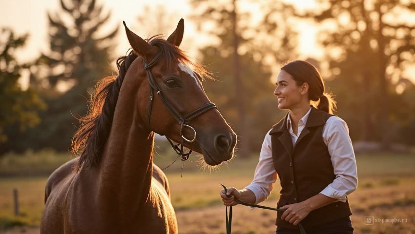 Paard kijkt nieuwsgierig naar een lage cavaletti.