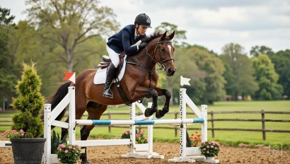 Paard en ruiter springen over een eenvoudige lijn van twee sprongen.