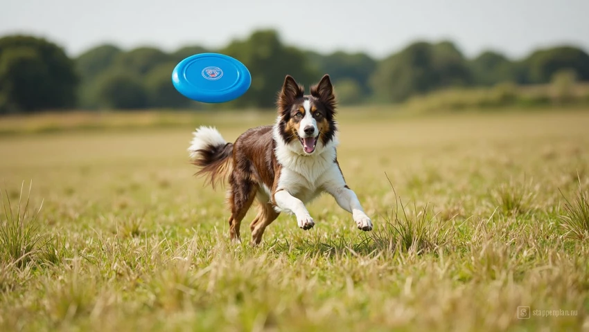 Een hond vangt een stuiterende frisbee.