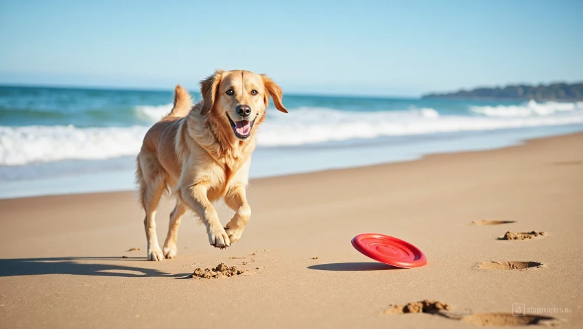 Een hond rent op het strand.
