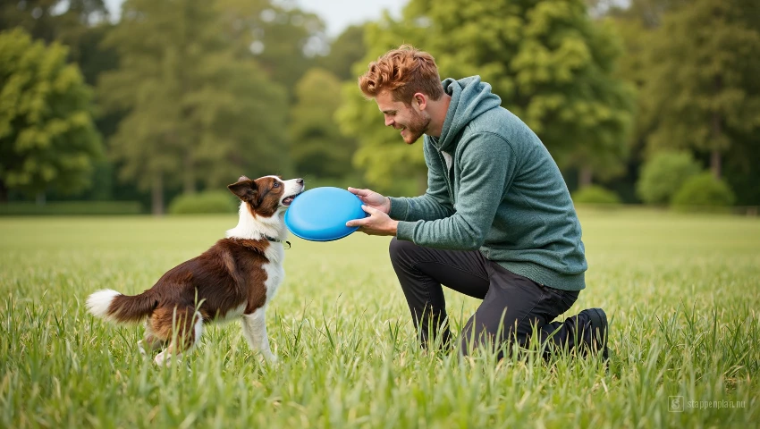 Een man prijst zijn hond.