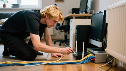 Een persoon traceert de ethernetkabels van de router naar een computer.