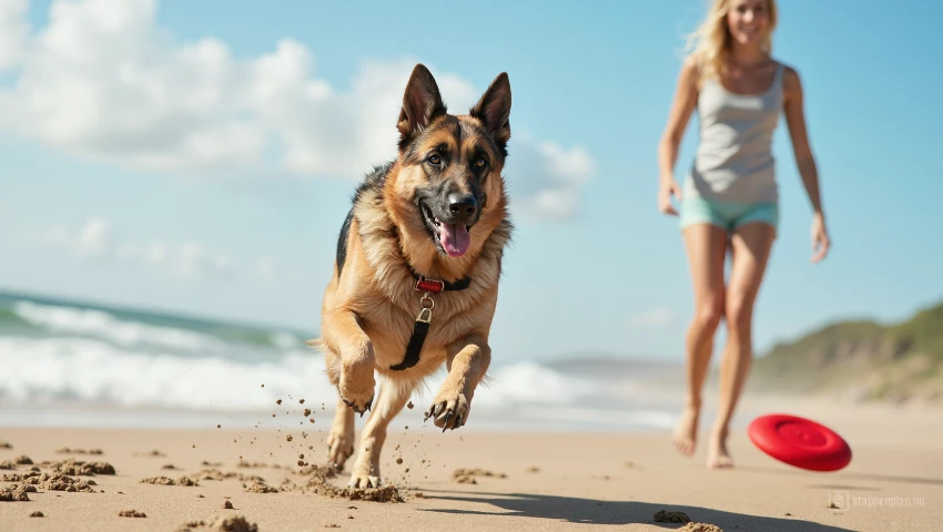 Een hond rent achter een frisbee aan.