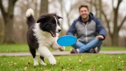 Een puppy speelt met een frisbee.