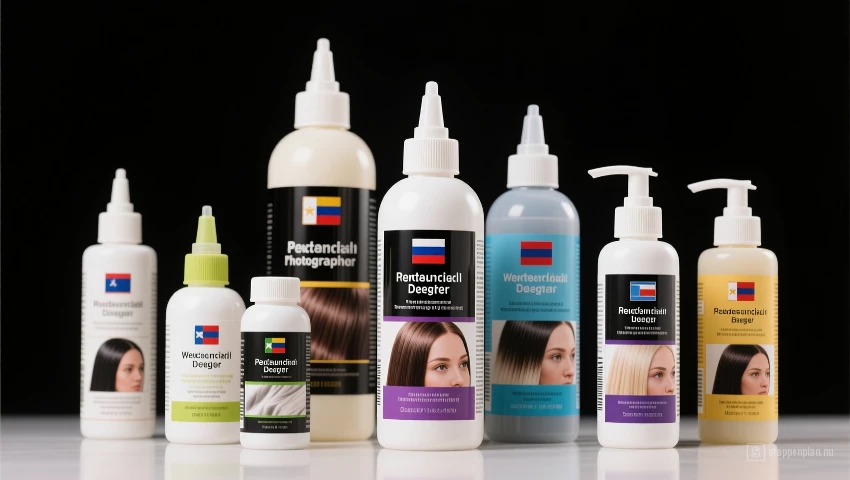 Close-up van verschillende flessen haarbleek en developer met verschillende volumes.