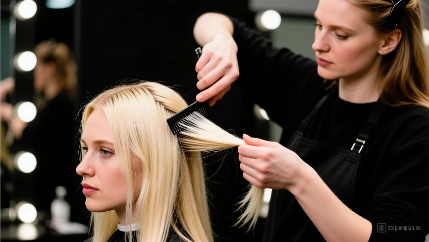 Professionele haarstylist controleert de oplichting van bleek op blond haar.