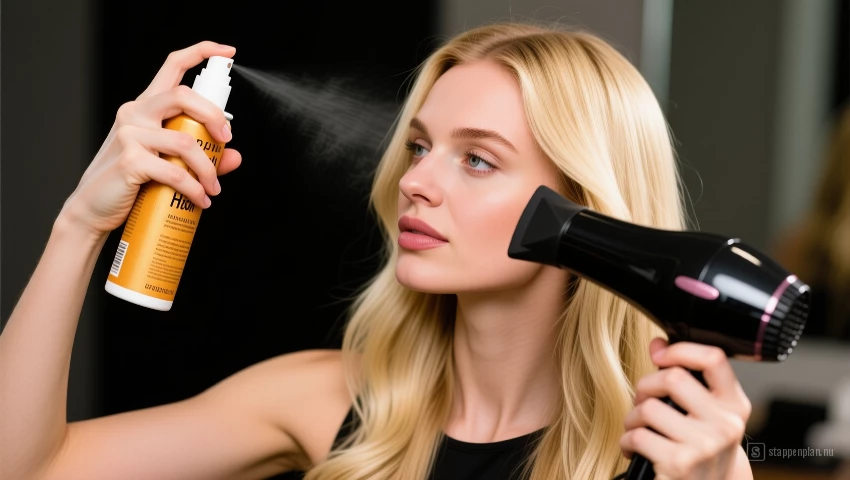 Vrouw spuit een hittebeschermende spray op haar blonde haar voor het föhnen.