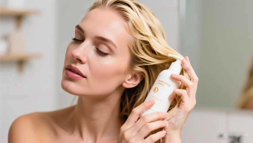 Vrouw wast haar blonde haar met een milde, hydraterende shampoo.