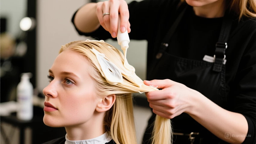 Professionele haarstylist brengt een diep voedend haarmasker aan op blond haar.