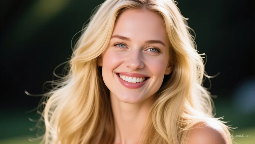 Vrouw met lang, gezond blond haar die lacht en stralend uitziet.