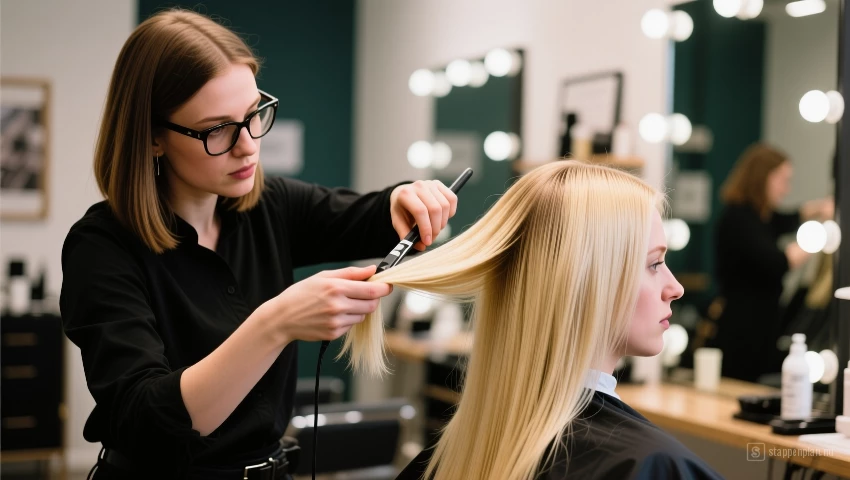 Hairstylist overlegt met een klant over het beste kapsel voor blond haar.