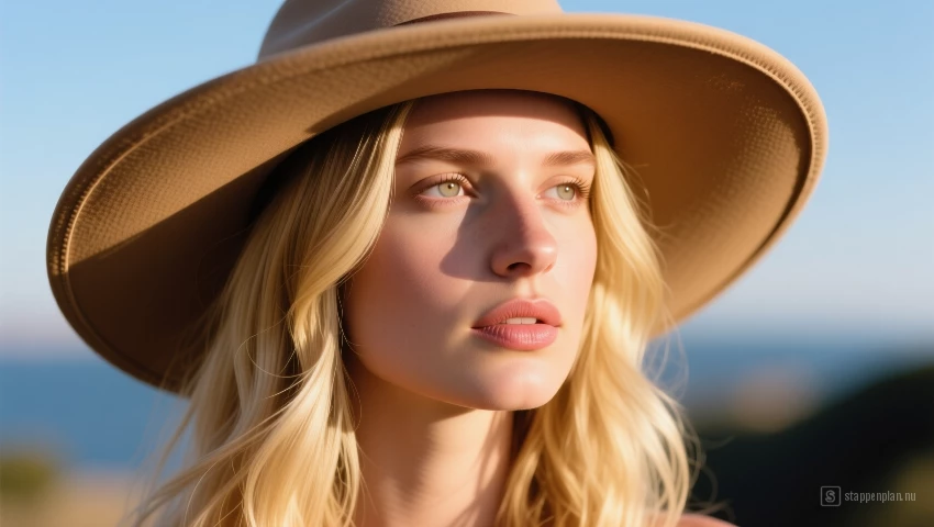 Vrouw draagt een breedgerande hoed om haar blonde haar te beschermen tegen de zon.