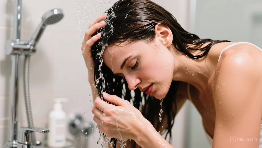 Vrouw spoelt haar haar grondig uit.