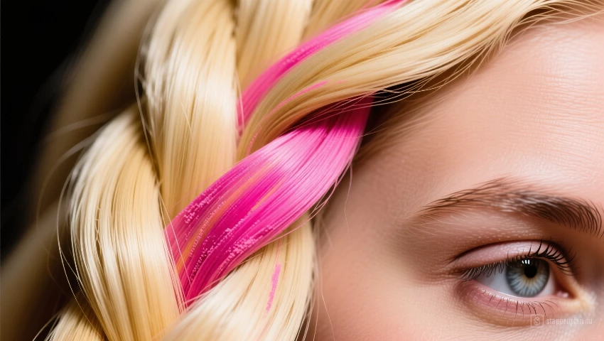 Close-up van blonde haar met een roze streep.