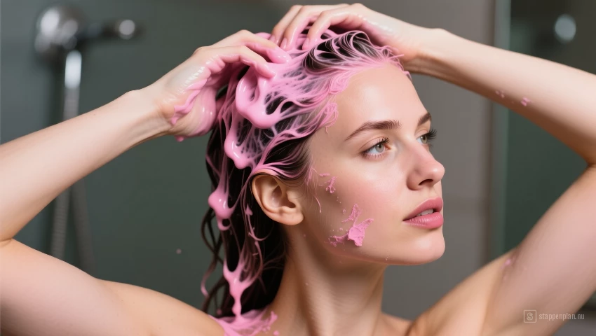 Vrouw wast roze haar.