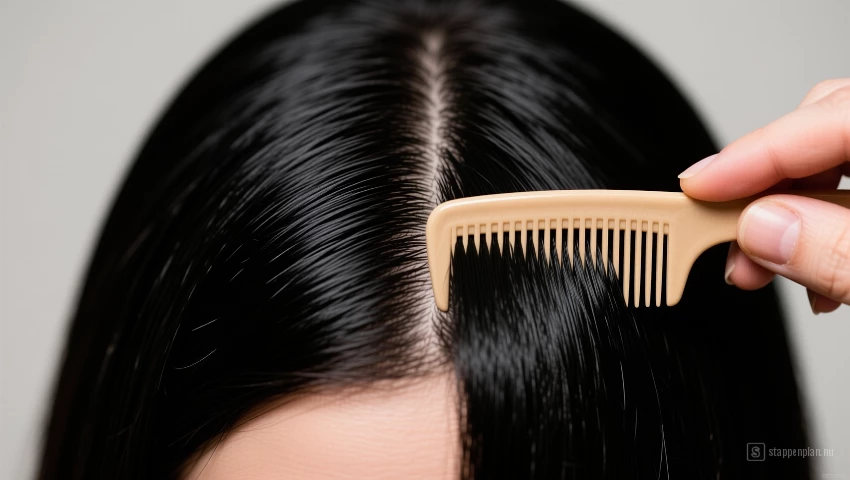 Midden scheiding in zwart haar.