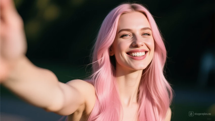 Vrouw met roze haar.