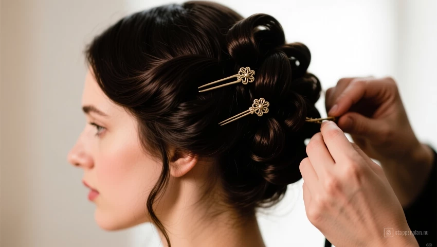 Vrouw bouwt updo kapsel op.